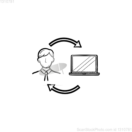 Image of Man studying online on computer hand drawn icon.