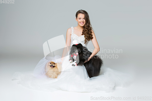 Image of bride girl with Spitz dog wedding couple