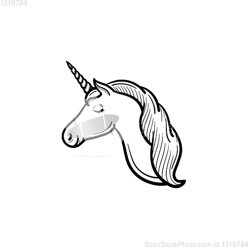 Image of Unicorn head with horn hand drawn sketch icon.
