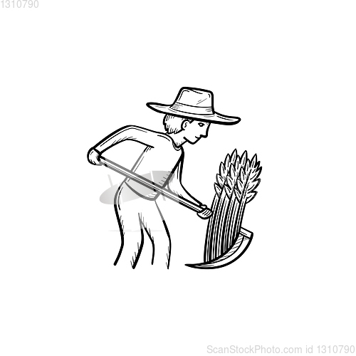 Image of Man mowing grass hand drawn sketch icon.