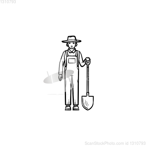 Image of Farmer with shovel hand drawn sketch icon.