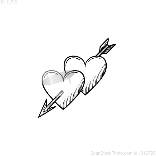 Image of Hearts with cupid arrow hand drawn sketch icon.