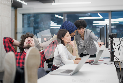 Image of software developer resting with legs on desk