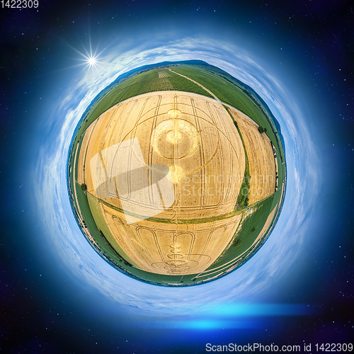 Image of crop circles at Alsace France as a little planet panorama