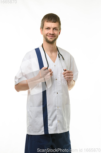 Image of Portrait of a happy doctor isolated on white background