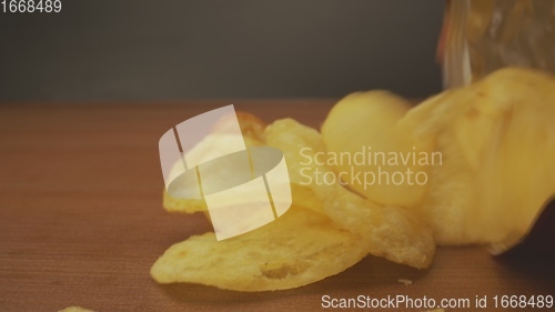 Image of Potato chips in camera motion closeup footage
