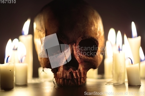 Image of Human skull in candle light closeup