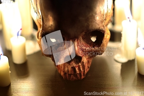 Image of Human skull in candle light closeup