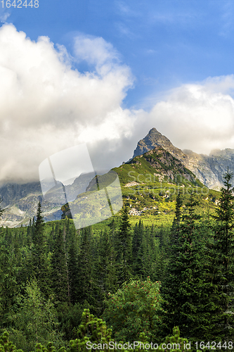 Image of Polish Tatra mountains summer landscape with blue sky and white clouds.