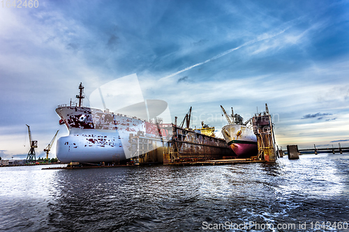 Image of Two large ships in dry repair dock