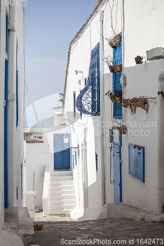 Image of Traditional Narrow street of Sidi Bou Said, Tunisia