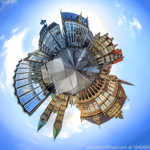 Image of Tiny planet with Skyline of Bremen main market square, Germany