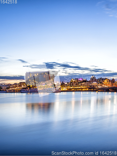 Image of Stockholm sunset skyline panorama with City Hall