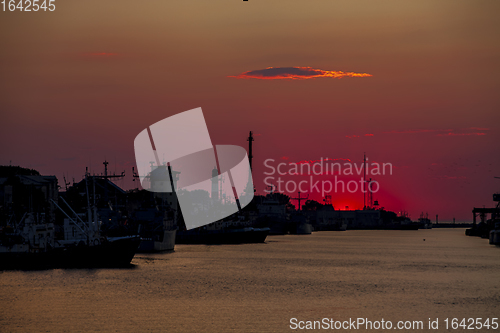 Image of Sea port silhouette in the sunset, Liepaja, Latvia