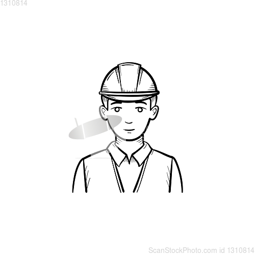 Image of Engineer in hard hat hand drawn sketch icon.