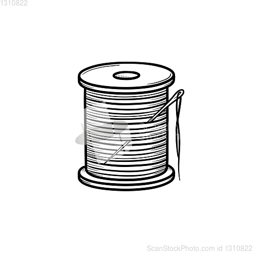 Image of Thread spool with needle hand drawn sketch icon.