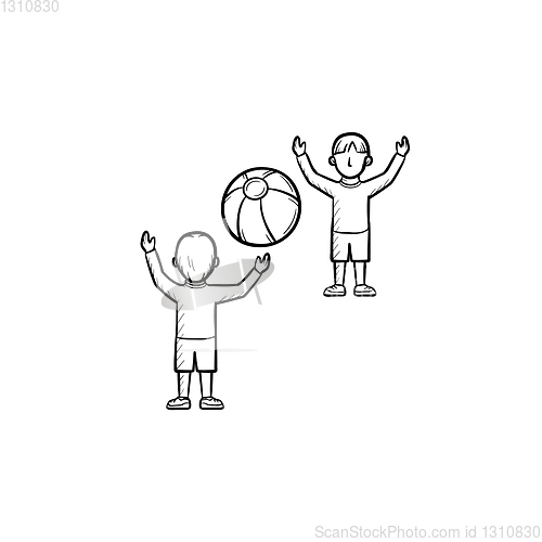 Image of Child playing with friend hand drawn sketch icon.