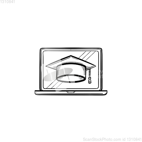 Image of Graduation cap on computer screen hand drawn icon.