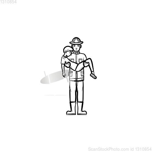 Image of Strong fireman rescuing a person sketch icon.