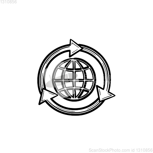 Image of Globe in circular arrows hand drawn sketch icon.