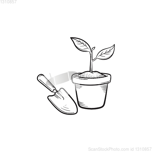 Image of Garden trowel and pot hand drawn sketch icon.