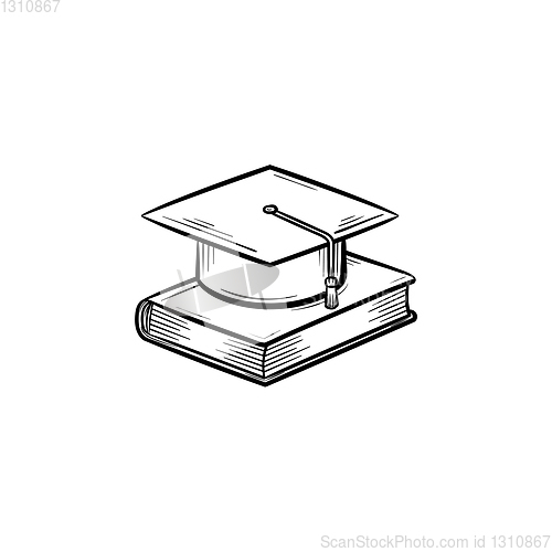 Image of Graduation cap on book hand drawn sketch icon.