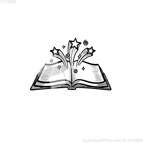 Image of Open magic book with stars hand drawn sketch icon.