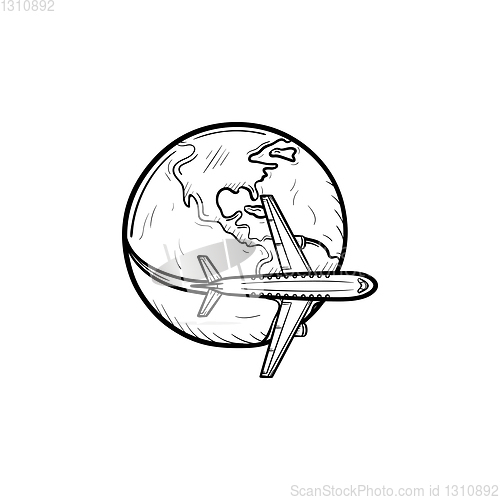 Image of Airplane flying around the world hand drawn icon.