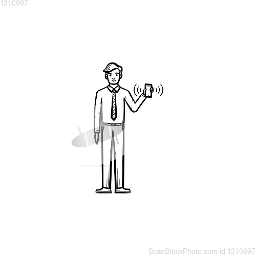 Image of Man with electronic tablet hand drawn sketch icon.