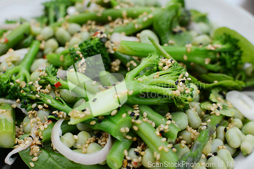 Image of Broccolini, French beans and fava beans in a fresh salad