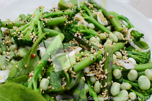 Image of Tasty spring salad of broccoli, asparagus and beans