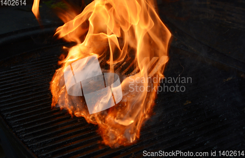 Image of Rack of lamb engulfed in flames on a hot grill