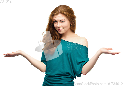 Image of Portrait of a young woman raised her hands up