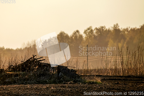 Image of Fog on plowed field in spring season.
