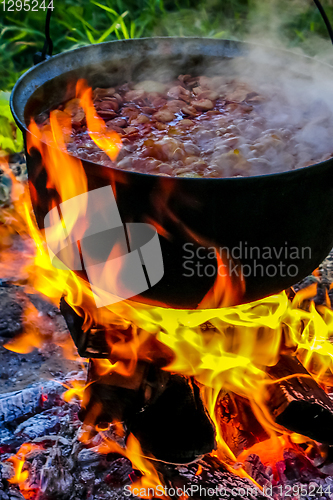 Image of Cooking soup in a pot on campfire.