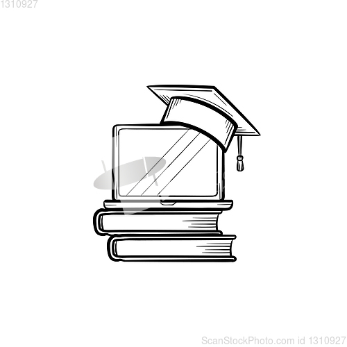 Image of Graduation cap on book and laptop hand drawn icon.