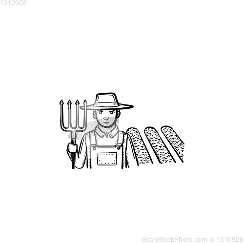 Image of Farmer with fork hand drawn sketch icon.