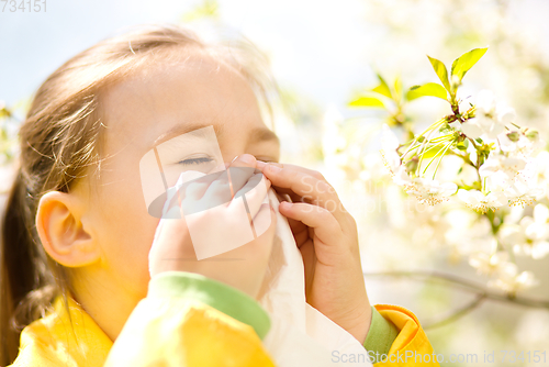 Image of Little girl is blowing her nose