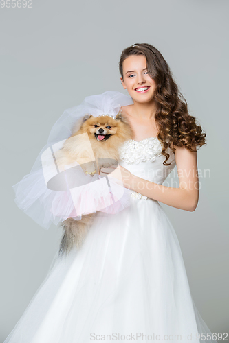 Image of beautiful bride girl with spitz bride on gray background