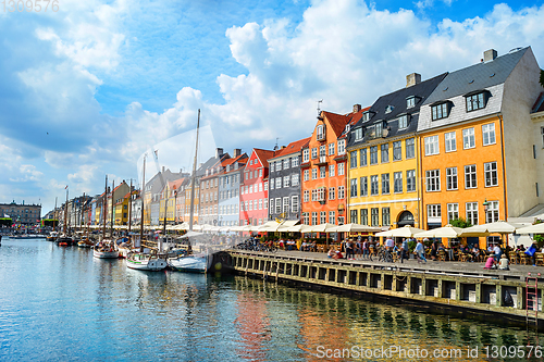 Image of Nyhavn embankment in sunshine, Copenhagen