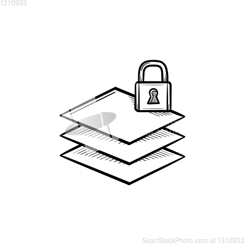 Image of Paper stack with lock hand drawn sketch icon.