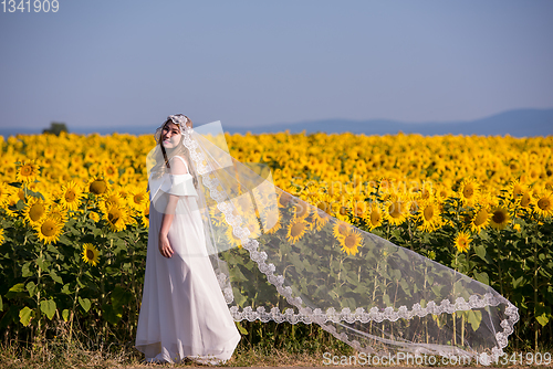 Image of asian woman at sunflower field