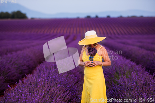 Image of asian woman in yellow dress and hat at lavender field