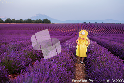 Image of asian woman in yellow dress and hat at lavender field