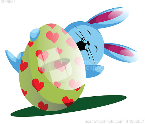 Image of Blue bunny holding easter egg with painted hearts illustration w