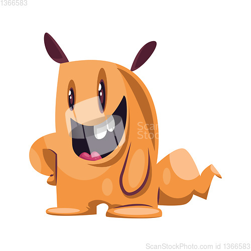 Image of Imaginary orange monster smiling showing a tooth white backgroun
