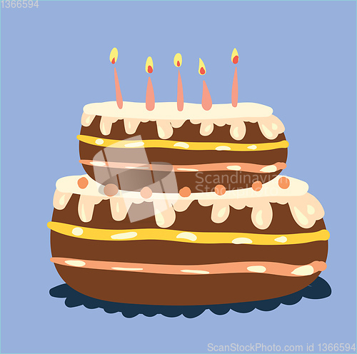 Image of A decorated cake with two layers and glowing candles vector colo