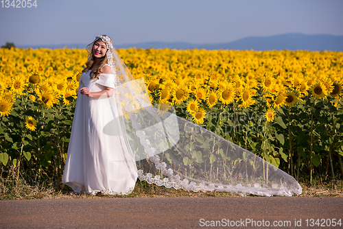 Image of asian woman at sunflower field