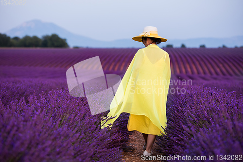 Image of asian woman in yellow dress and hat at lavender field