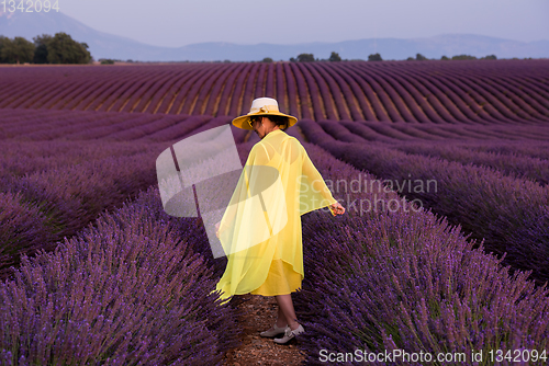 Image of asian woman in yellow dress and hat at lavender field